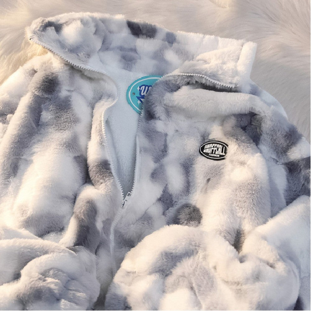 New Women's Tie Dye Lamb Fleece Jacket Autumn Winter Zipper Outerwear Warm Plush Jackets Harajuku Casual Loose Female Thick Coat