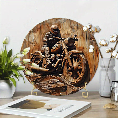 Round Metal Sign Faux Wooden Carved Painted Circular Wreath Sign Entrance Decoration Gifts Motorcycle Themed Decoration