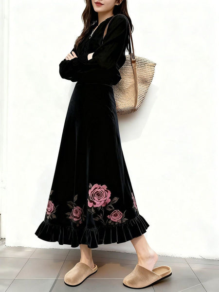 Women Clothes Autumn Winter Fashion Simplicity All-match Printing Solid Color Female Temperament Pleuche High Waist A-line Skirt