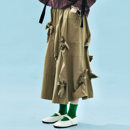 imakokoni 2025 Early Autumn Artistic Washed Braided Bow Half-Dress Casual Retro Women's A-Line Skirt255188