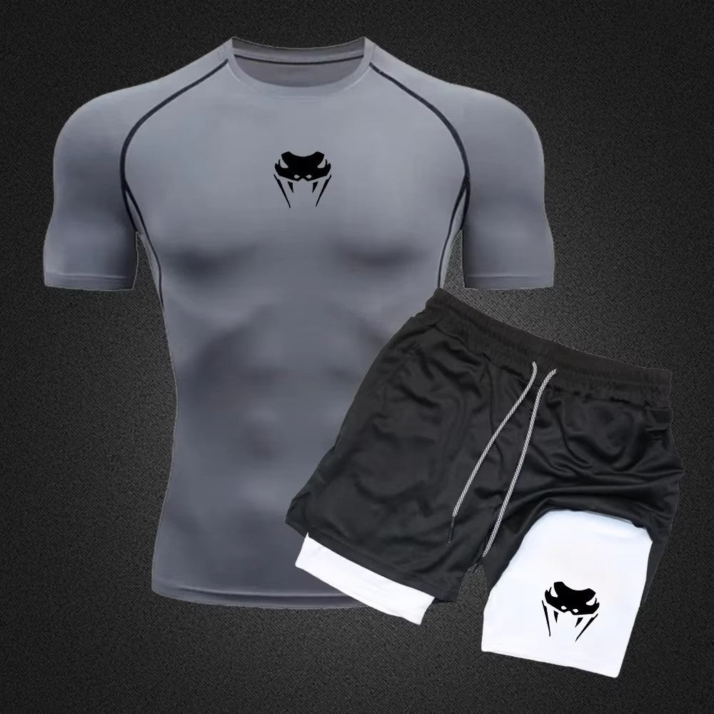 Men Compression Athletic Fitness Wear - Quick-Dry Tight Short-Sleeve Anime Double-Layer Shorts Summer Set Fitness Running Set