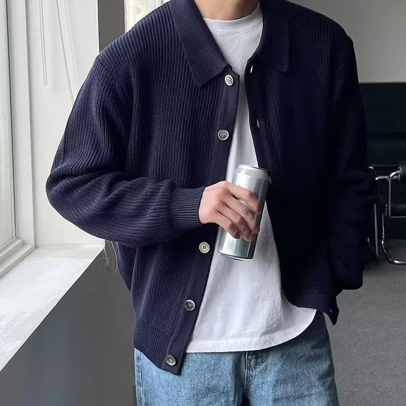 Autumn Winter Men's Knitwear Cardigan Sweater Male Solid Color Turn-Down Collar Sweater Coats Y2K Hip-Hop Streetwear Cardigan