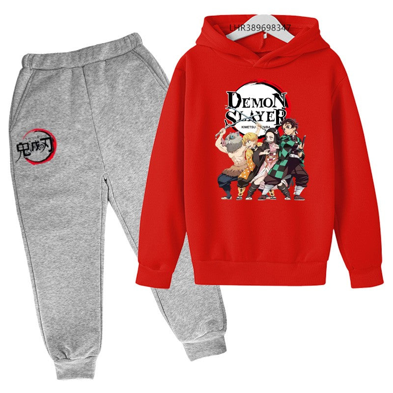 Anime Demon slaying ninja Suitable for children's hooded sweatshirt outerwear pants set autumn winter clothing for boys girls