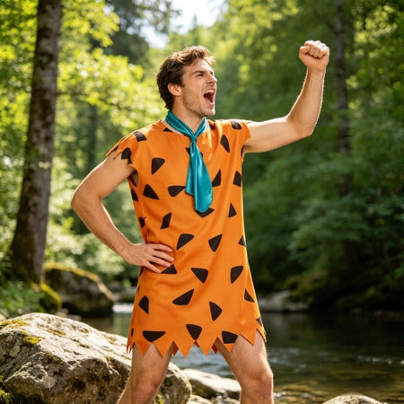 unisex Caveman Cosplay Costume Orange dress With Blue Tie Stone Age Outfit For Theme Party Masquerade Carnival Halloween Cosplay