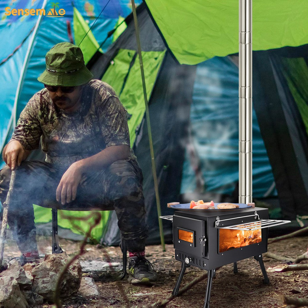 Folding Camping Wood Stove,Portable Tent Heater with 5-Section Detachable Chimney,Ice Fishing Firewood Burner,Outdoor Cook & BBQ