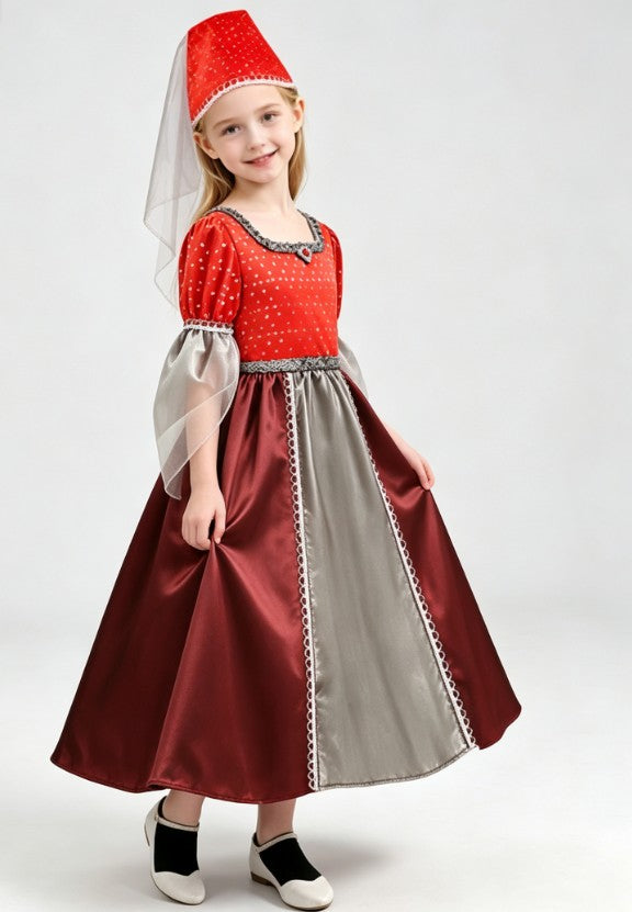 Girls Medieval Vintage Long Dress with Hat Set, Kids Fairytale Themed Costume for Halloween Party & School Performance