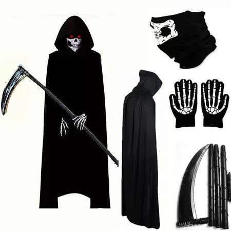 Terror Stitch Halloween Party Cosplay boy Adult Death Black Cloak, Halloween Death Skull Skeleton Ball Costume Prop Set