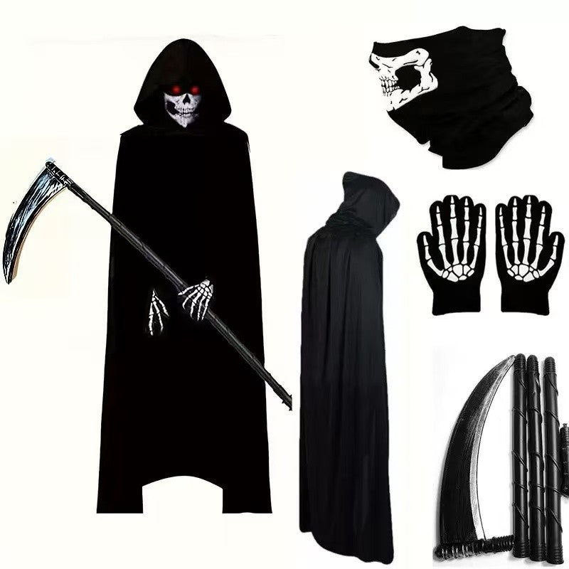Terror Stitch Halloween Party Cosplay boy Adult Death Black Cloak, Halloween Death Skull Skeleton Ball Costume Prop Set