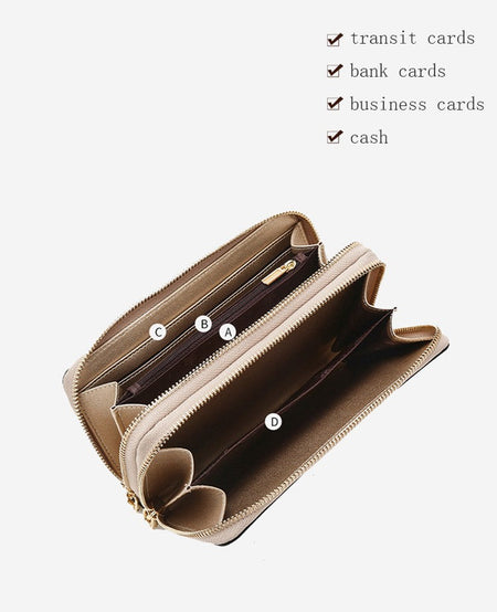 FOXER Split Leather Lady's Wallet Bifold Long Clutch Bag with Wristlet Fashion Card Holder Coin Purse Cellphone Money Bag