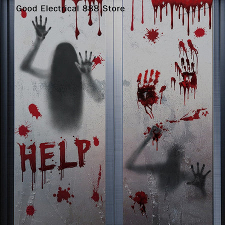 ?G?Halloween Stickers Horror Blood Hand Print Door Stickers Window Bathroom Shadow Glass Female Ghost Wall Decal Halloween Decor