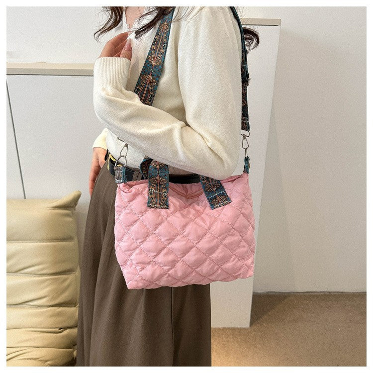Women Wide Shoulder Belt Handbag Fall/Winter Rhombus Space Cotton Shoulder Bag Large Capacity All-Match Shopping Tote Bag