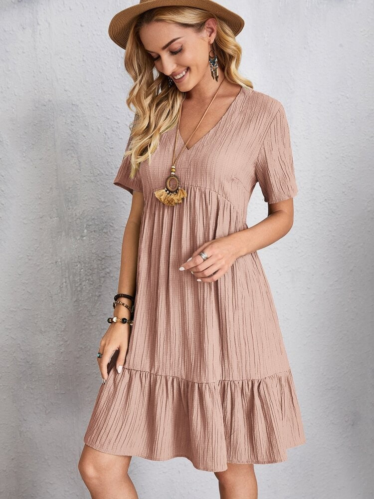 Women Elegant Short Sleeve V Neck Ruffles Dress Summer Casual Solid Loose Mini Dress Chic Bohemian Sundress Beach Party Vestidos