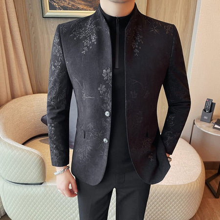 Men's New Chinese Stand Collar Blazer Jacket 2025 Fashion Elegant Printed Slim Fit Business Suits Jacket Tailcoat Men Clothing