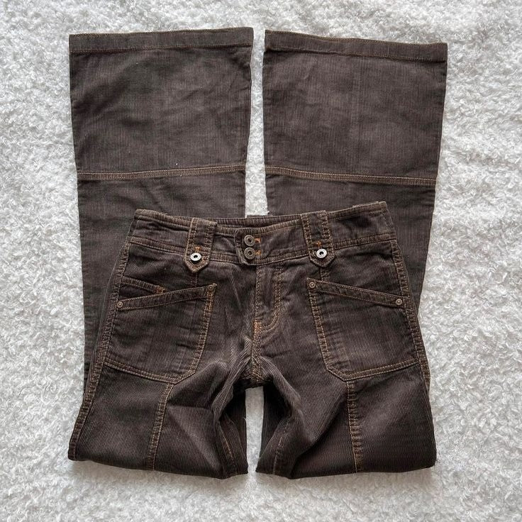 Y2K Brown Flared Jeans Womens Clothing Goth Retro Multi Pockets Low Rise Denim Trousers Harajuku Hot Girl Sexy Slim Jean Pants