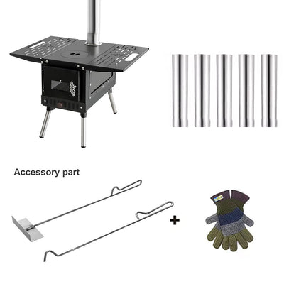 Hot Tent Wood Burning Stove Folding Stainless Steel 5-Section Chimney Outdoor Camping Wood Heater with Cooking Wing Panels