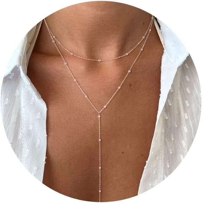 Gold Necklace for Women 14k Gold Plated/Silver Y-Shaped Pendant Necklace Layered Beaded Chain Drop Necklaces For Women Gift