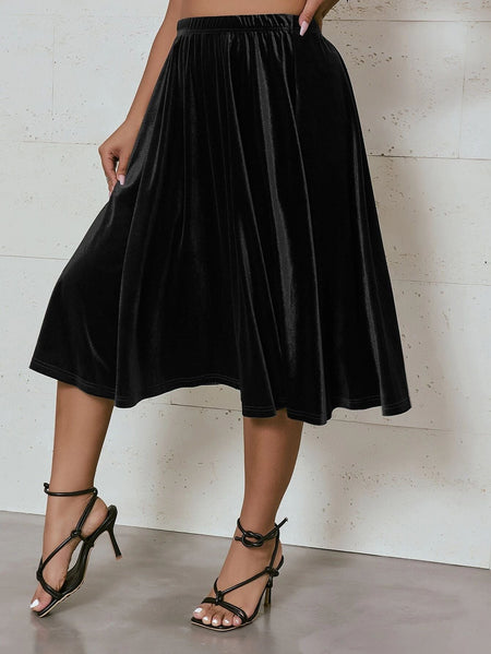 Plus Size High Elastic Waist Velvet Skirt Women Solid Black Spring Autumn Midi Party Skirt A-line Flare Skirt Large Size 6XL 7XL