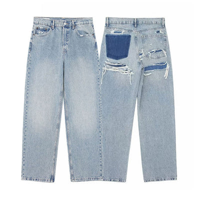 HH 2024 Women's Street Fashion Denim Blue Jeans Distressed Patchwork High Waist Zipper Fly Ripped Retro Long Pants