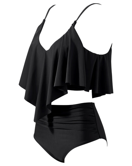Women Tankini Ruffle High Waisted Swimsuits Tummy Control Bathing Suits Swimwear Beachwear Padded XXL Size Bikini Set Female