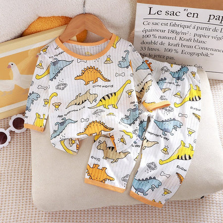 Children's Pure Cotton Home Clothes Set Boys Girls Seven-quarter Sleeve Pajamas Thin Breathable Air-conditioned Clothes