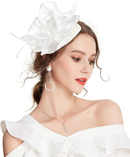 New Women's Organza Fascinators Feather Flower Kentucky Derby Hat Headdress Pillbox Hat for Wedding Tea Party Headwewar Clips