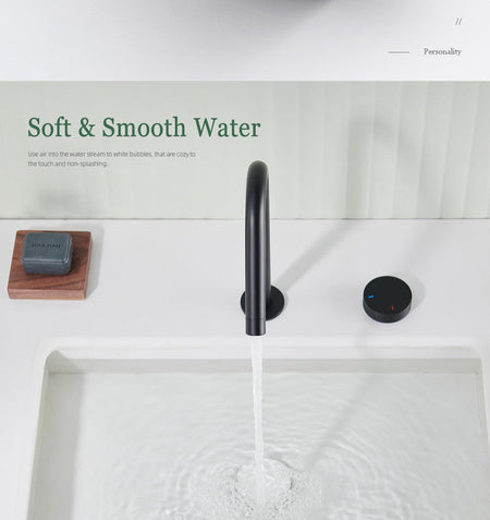 Matte Black Basin faucet Knurled knob Sink Tap 360 Rotating Spout two holes Desk Mounted Basin Tap Bathroom Widerspread faucet