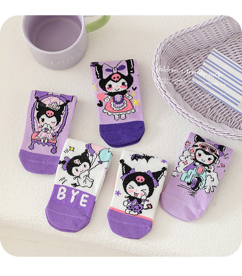 5Pairs Sanrio Cinnamoroll Kuromi Kawaii Spring and Autumn Cartoon Middle Tube Socks For Girls Boy Children Mid-calf Cotton Socks