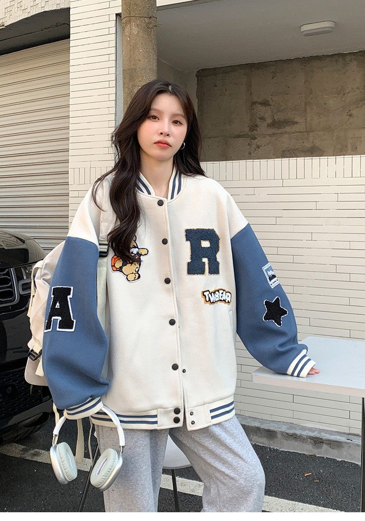 New Autumn and Winter Padded Baseball Jersey Women American Retro Loose Sweater Women Jacket