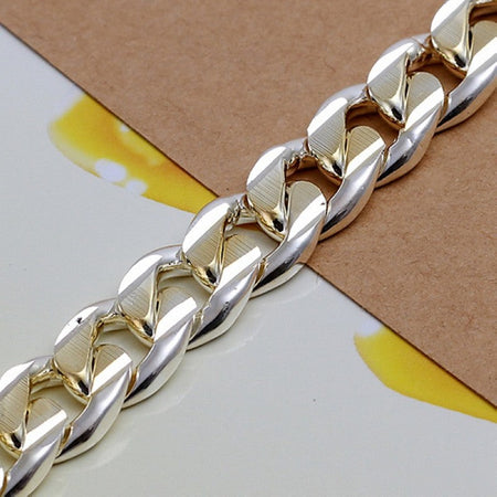 925 Sterling Silver Colorful 10 MM Sideways Cuban Chain Mens & Womens Wedding Bracelet Fashion Charm Birthday Gift