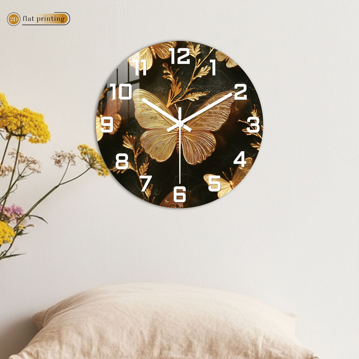 Golden Butterfly Elegance Wall Clock, Luxe Marble Background Decor, Glamorous Home or Office Timekeeper