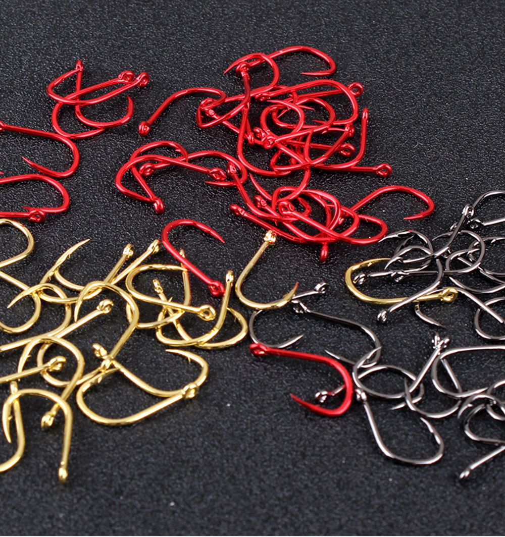 FTK 50-100pcs Gold Fishing Hook High Carbon Steel 1#-12# Barbed Hook With Ringed EYE Red Fishhooks for Carp Fishing Tackle