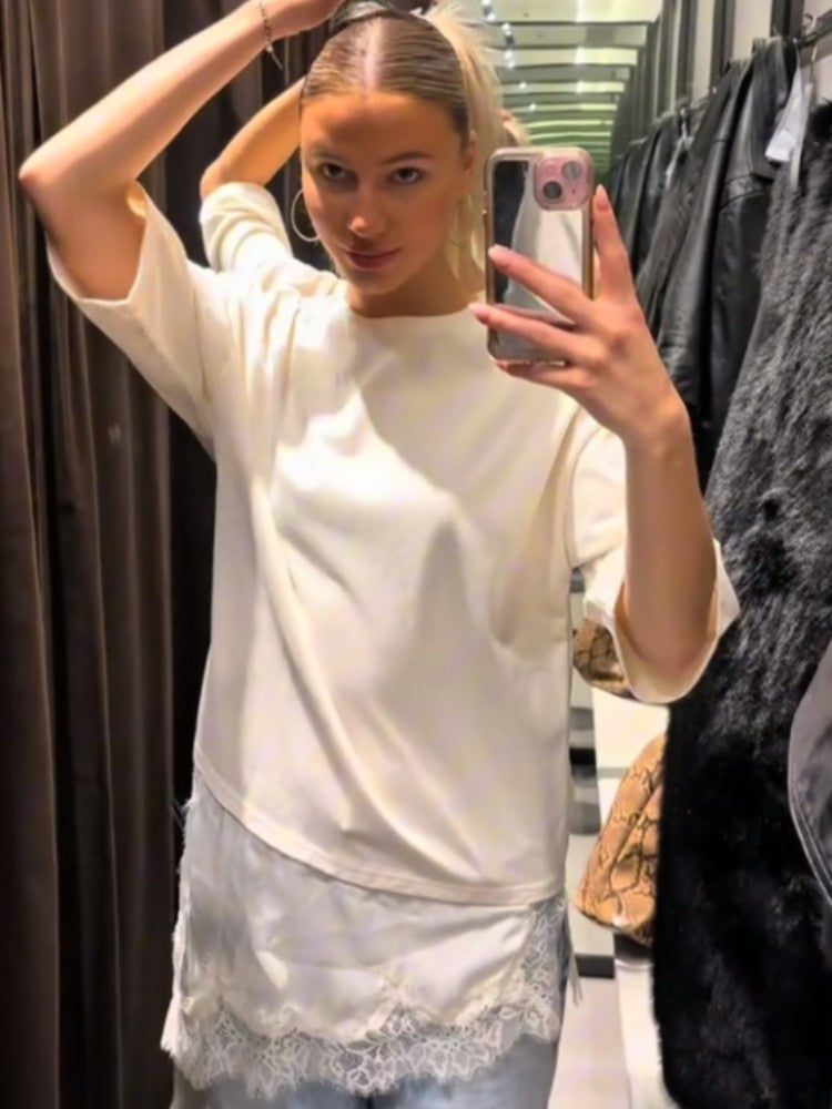 Fashion Lace Patchwork Mid Sleeve Tops for Women Elegant O Neck Loose Female T-shirt Spring New Lady Solid Shirts High Street