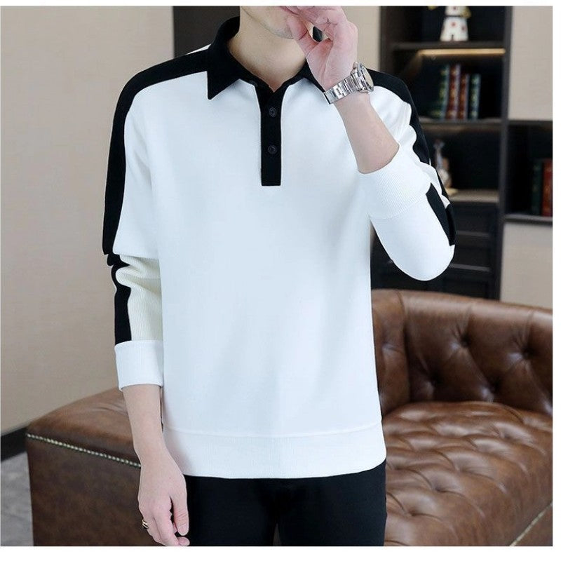 Contrast Patchwork Plus Size Korean Hoodies Sweatshirts Men Clothes Spring Autumn Polo Neck Long Sleeve Casual Top Fashion Trend