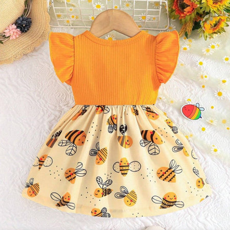 (0-3 Year Old Baby Girl Dress) Summer New Yellow Little Fly Sleeves Cute Bee Children'S Sleeveless Clothes+Bow Headband