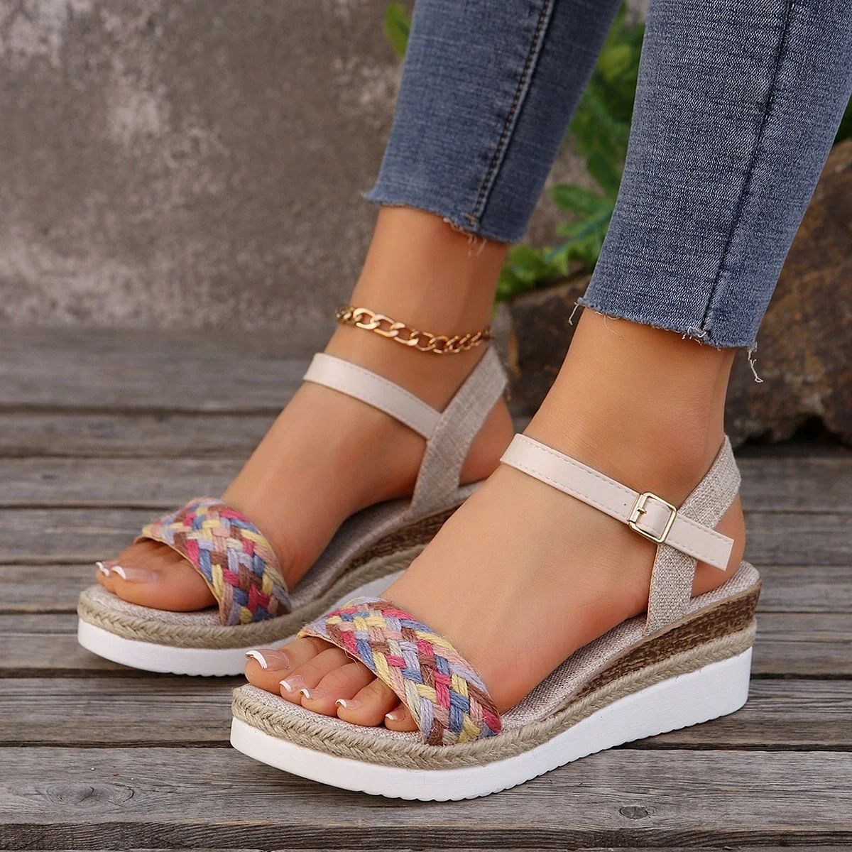 Summer Women's High Heel Sandals Heel Large Size Colorful Braided Rope Sandalias De Mujer Outdoor Versatile Zapatillas De Mujer