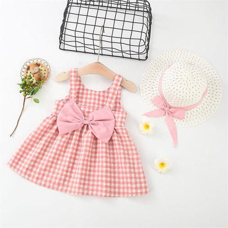 2Pcs/Set Baby Girl Plaid Sweet Bow Summer Birthday Party Dress Toddler Kids Outfits 0 To 3 Years Children Clothes Suit + Hat