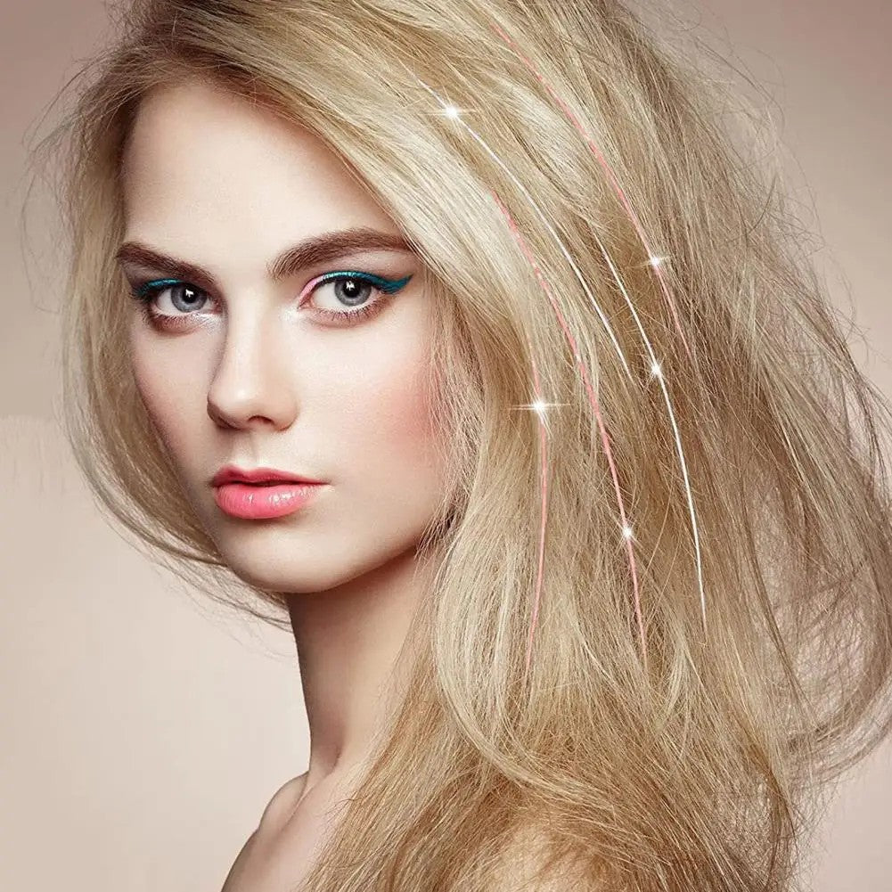 6Pcs 50cm Sparking Shiny Hair Tinsel Hair Extensions Tinsel Synthetic Hair Clip  Extensions Women for Braiding Headdress