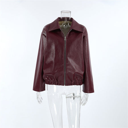 Women Vintage Wine Red Faux Leather Jakcet Fashion Outerwear Zipper Lapel Pu Coats Autumn Winter Streetwear Ladies Short Tops