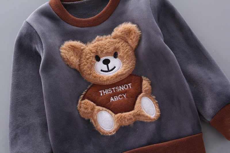 Autumn Winter Baby Boys Clothes Sets Thick Fleece Cartoon Bear Jacket Vest Pants 3Pcs Cotton Sport Suit For Girls Warm Outfits