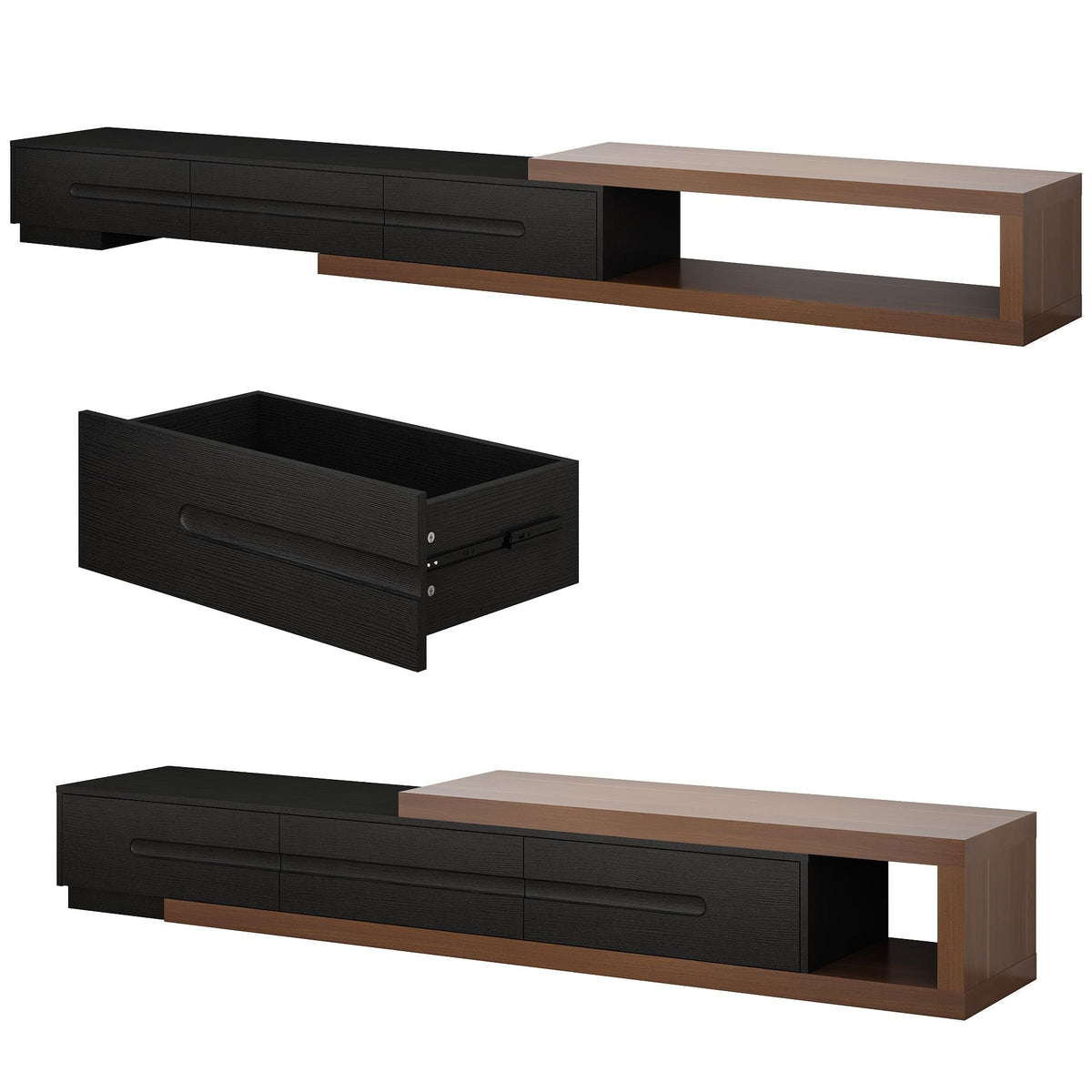 82-110'' Extendable TV Stand for Up to 120"TV, Wood Reversible TV Media Console w/3 Drawers & Open Storage Shelf for Living Room