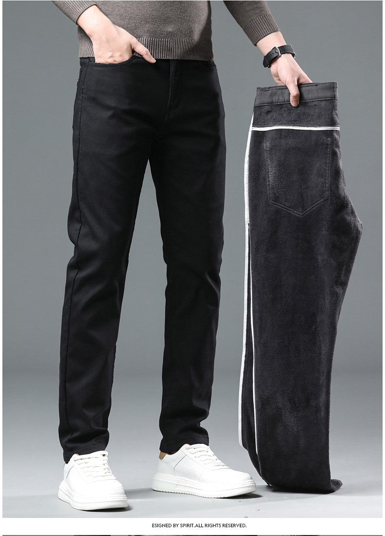 Fleece Pants Men's Winter Thick Slim Elastic Business Casual Velvet Pants Warm Fashion Solid Color Plush Trousers Male