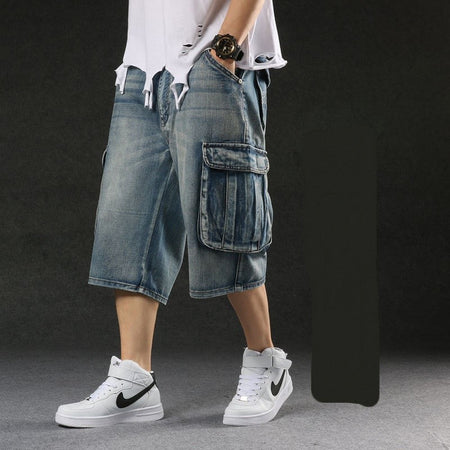 2025 new European and American multi pocket work pants, seven quarter denim shorts, men's wide leg loose oversized trendy brand