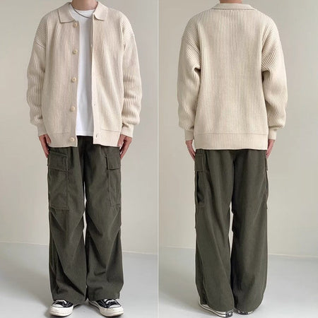 Autumn Winter Men's Knitwear Cardigan Sweater Male Solid Color Turn-Down Collar Sweater Coats Y2K Hip-Hop Streetwear Cardigan