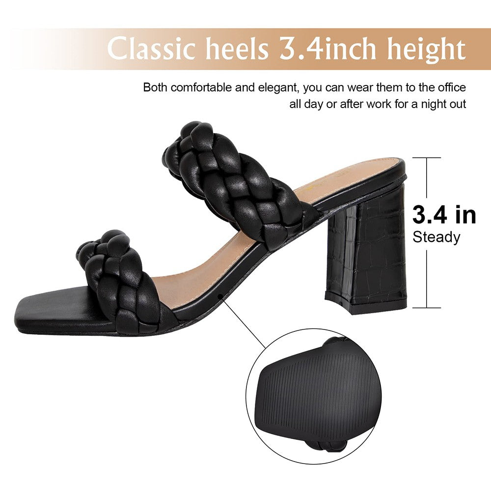 Elegant Women's Braided Heels Sandalias Fashion Strappy Square Sandals Open Toe Backless Mules Slip On Block Heeled Shoes