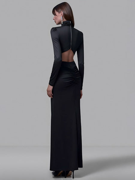 Mozision Turtleneck Backless Sexy Maxi Dress Women Gown Autumn Winter Elegant Long Sleeve Thigh High Split Club Party Long Dress