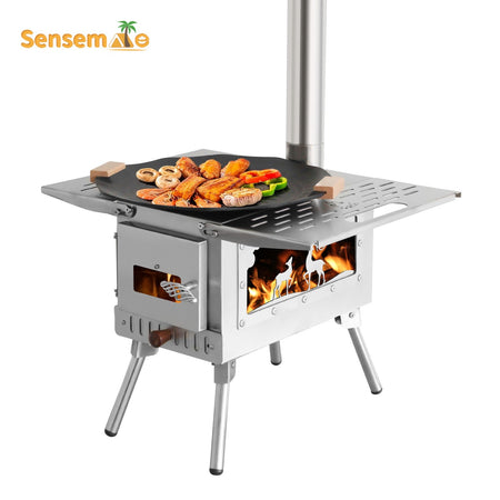 Hot Tent Wood Burning Stove Folding Stainless Steel 5-Section Chimney Outdoor Camping Wood Heater with Cooking Wing Panels