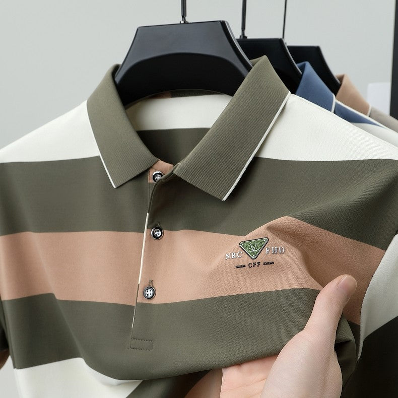 100% pure cotton fashion short sleeve polo shirt men's luxury brand embossed wide stripe color blocked summer casual lapel top