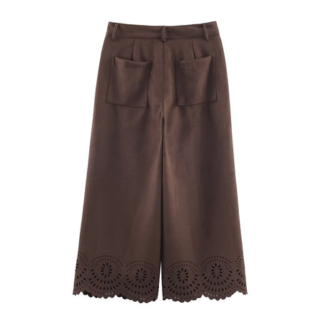 Die-Cut Hem Faux Suede Wide Leg Pants For Women Vintage Brown High Waist With Pockets Casual Loose Trousers