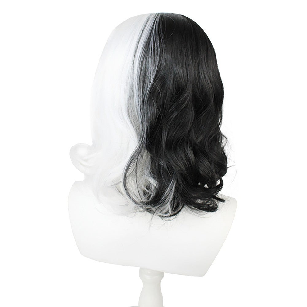 Half-Black And Half-White Cruella Cosplay Synthetic Hair 12-Inch Short Curly Hair Halloween Daily Party With Bangs Wig