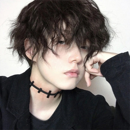 OLACARE Short Mullet Head Wigs with Bangs Synthetic Straight Anime Men Black White Gray Green Hair Wig for Daily Party Cosplay